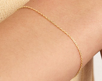 14k Solid Gold Cable Chain Bracelet • Simple Chain Bracelet • Layering Bracelet • Adjustable Bracelet • Valentine's Day Gift for Women