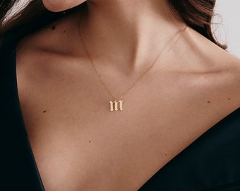 14K Real Gold Gothic Letter Necklace for Women | Custom Initial Pendant Necklace | 14k Solid Gold Personalized Jewelry | Gift for Women