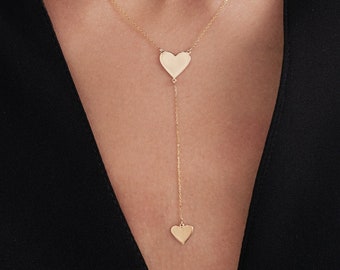 Two Heart Y-Necklace in 14K Solid Gold | Double Heart Lariat Necklaces | 14k Gold Heart Necklaces for Women | Drop Dangle Heart Necklaces