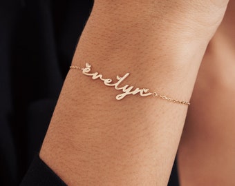 Cursieve naamarmband in 14K massief goud | Aangepaste armbanden voor dames in 14k goud | Hart script naam armband | Handschrift naam armband