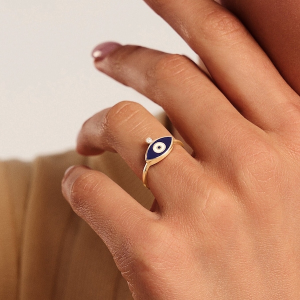 14k Solid Gold Evil Eye Ring - Evil Eye Rings for Women • Protection and Good Luck Ring - 14k Yellow Gold Stackable Rings for Women