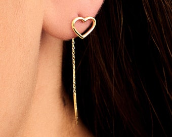 Heart Threader Earrings in 14k Solid Gold for Women - Open Heart Shaped Dangle Drop Earrings - 14k Long Chain Earrings- Real Gold Earrings