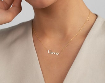 14K Solid Gold Carrie Name Necklace | 14k Gold Customized Carrie Font Nameplate Necklace | Personalized Carrie Style Name Pendant Necklace
