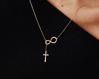 14K Solid Gold Infinity Cross Necklace | 14K Real Gold Infinity Crucifix Necklace | 14K Dainty Gold Jewelry for Women | Religious Jewelry