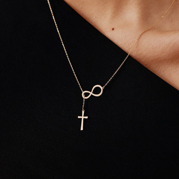 14K Solid Gold Infinity Cross Necklace | 14K Real Gold Infinity Crucifix Necklace | 14K Dainty Gold Jewelry for Women | Religious Jewelry