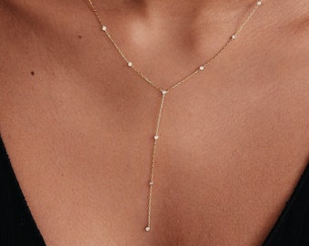Diamond Bezel-Set Y-Necklace in 14K Solid Gold | Diamond Lariat Necklace for Women | Diamond by the Yard Necklace (1.10 c.t t.w)