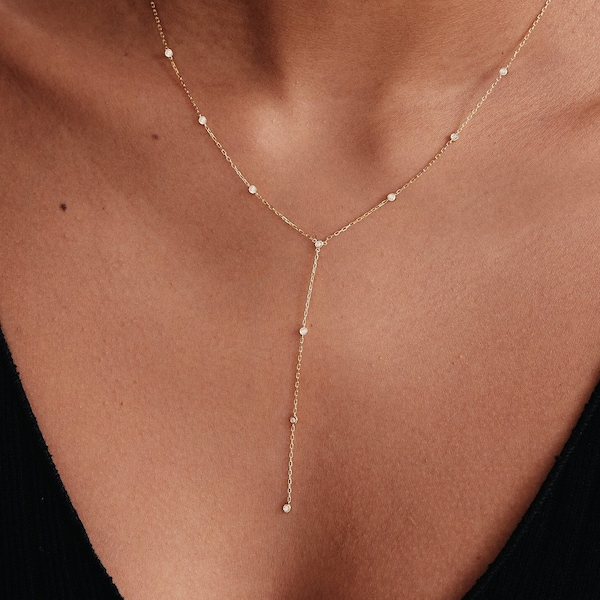 Diamond Bezel-Set Y-Necklace in 14K Solid Gold | Diamond Lariat Necklace for Women | Diamond by the Yard Necklace (1.10 c.t t.w)