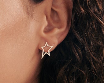 Asymmetric Star Stud Earrings in 14K Solid Gold | Tiny Open Star Earrings for Women | 14k Yellow Gold Stud Earrings | Starburst Earrings