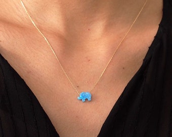 Elephant Necklace in 14k Solid Gold - Opal Jewelry for Women - 14k Real Gold Necklace - Good Luck Necklace - 14k Yellow, Rose or White Gold