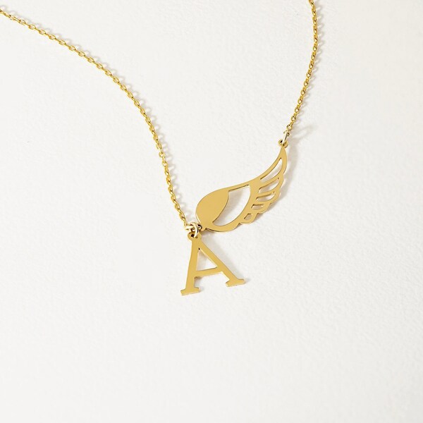 14K Solid Gold Custom Angel Wing Initial Necklace | Letter Pendant Necklace for Women | 14K Real Gold Personalized Jewelry | Custom Gift