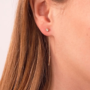 14k Gold Solitaire Threader Earrings Drop Chain Earrings Bezel Solitaire Earrings 14k Solid Yellow or White Gold Earrings for Women image 3