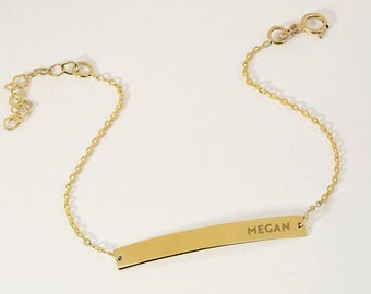 14K Solid Gold Dainty Engraved Bar Bracelet | Personalized Initial Bracelet | Name Bracelets | Roman Numerals Bracelets | Dates Bracelet
