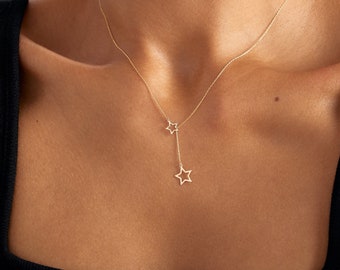 14K Solid Gold Star Y Necklace for Women | Star Lariat Necklace | Dainty Gold Celestial Necklace | 14k Real Gold Jewelry | Gift for Women