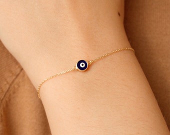 Navy Blue Evil Eye Bracelet in 14k Solid Gold | Protection Bracelet | Dainty Bracelet | 14k Real Gold Jewelry | Gift for Women