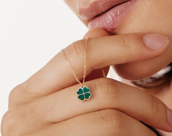 14k Solid Gold Four Leaf Necklace - 14k Gold Lucky Green Clover Charm - Colored Flower Pendant - 14k Real Gold Flower Necklaces for Women