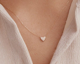 Diamond Heart Charm Necklace in 14K Solid Gold | Pave Diamond Love Pendant Necklace for Women | 14K Real Gold Dainty Necklace | Gift for Her