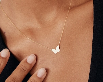 14K Solid Gold Dainty Butterfly Necklace for Women | Minimalist Butterfly Pendant Necklace | 14K Real Gold Butterfly Jewelry | Gift for Her