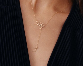 14K Solid Gold Custom Name Y-Necklace for Women | Initial Lariat Necklace | Cursive Letter Necklace | 14K Real Gold Personalized Jewelry