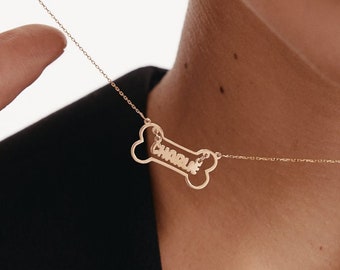 Custom Dog Name Pendant Necklace in 14K Solid Gold | Dainty Gold Bone Necklace for Women | 14K Real Gold Pet Jewelry | Personalized Gift
