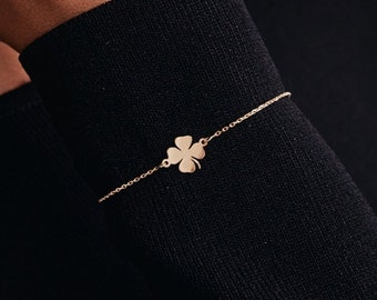 14K Solid Gold 4 Leaf Clover Bracelet for Women | Dainty Floral Bracelet | Four Leaf Clover Bracelet | 14K Real Gold Jewelry | Gift for Her