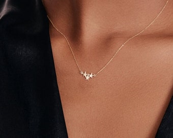 14K Solid Gold Three Stars Necklace for Women | Dainty Celestial Necklace | Star Trio Necklace | 14K Real Gold Jewelry | Gift for Her