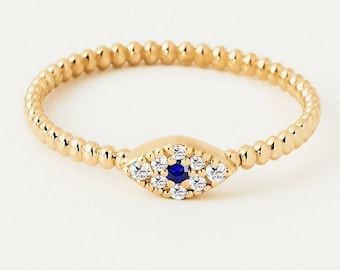 14K Solid Gold Diamond Evil Eye Ring for Women | Sapphire Evil Eye Ring | 14K Gold Beaded Band Ring | 14K Real Gold Jewelry | Gift for Her