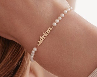 Custom Pearl Name Bracelet in 14K Solid Gold | Minimalist Name Letter Bracelet for Women | 14K Real Gold Customized Jewelry | Gift for Her