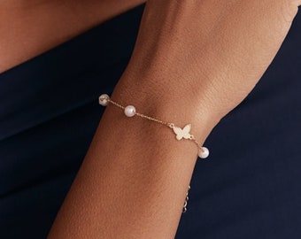 14K Solid Gold Butterfly Bracelet for Women | Dainty Pearl Bracelet | Butterfly Chain Bracelet | 14K Real Gold Jewelry | Gift for Her