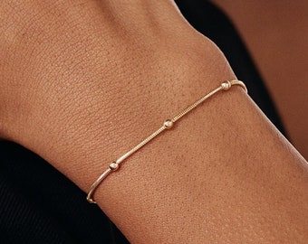 14K Solid Gold Snake Chain Station Bracelet for Women | Dainty Satellite Chain Bracelet | Gold Ball Station Bracelet | 14K Real Gold Jewelry