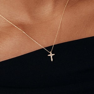 14K Solid Gold Diamond Cross Pendant Necklace | 14K Gold Beaded Cross Necklace for Women | 14K Real Gold Christian Jewelry | Baptism Gift