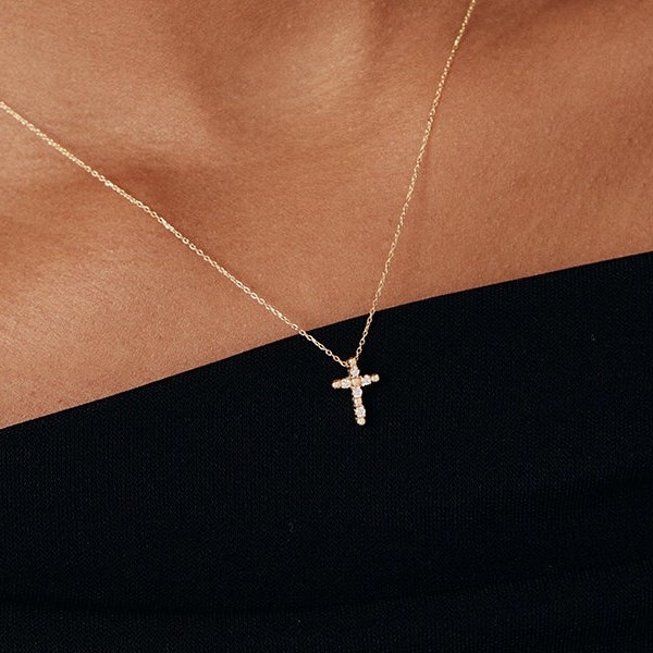 Halskette mit Kreuzanhänger aus 14-karätigem Gold mit Diamanten | 14K Gold Perlen-Kreuz-Halskette für Frauen | 14K Echtgold Christlicher Schmuck | Taufgeschenk