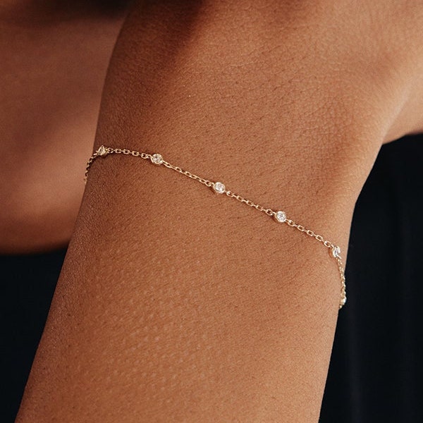 14K massief gouden diamanten stationarmband voor dames | Armband met diamanten rand | Sierlijke diamanten armband | 14K echte gouden sieraden | Cadeau voor haar