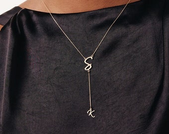 14K Solid Gold Custom Letter Lariat Necklace | Cursive Initial Y-Necklace | Letter Necklace for Women | 14K Real Gold Personalized Jewelry