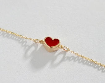 14K Solid Gold Red Heart Bracelet in Yellow, Rose, White | Love Heart Charm with Adjustable Chain | 14K Real Gold Jewelry | Gift for Women