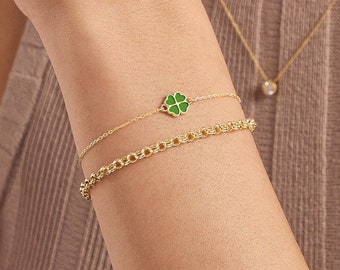 14k Solid Gold Four Leaf Clover Bracelet - Green Good Luck Charm - Colorful Lucky Flower Bracelet - 14k Real Gold Bracelets for Women