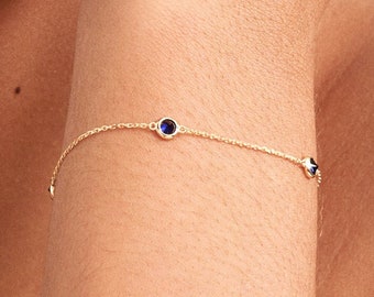 14K Solid Gold Sapphire Station Bracelet • September Birthstone Bracelet • Blue Gemstone Charm • Valentine's Day Gift for Women