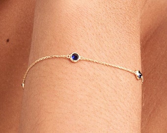 14K Solid Gold Sapphire Station Bracelet • September Birthstone Bracelet • Blue Gemstone Charm • Valentine&#39;s Day Gift for Women