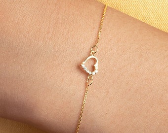 CZ Heart Bracelet in 14k Real Gold for Women - Heart Charm Bracelet - Mini Heart Bracelet - Love Bracelet - Everyday Bracelet - Gift for Her