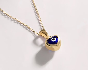 14k Heart Evil Eye Necklace for Women - Heart Shaped Blue Evil Eye Necklace - 14k Solid Gold Heart Pendant Necklace - Valentine's Day Gift
