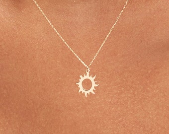 14k Solid Gold Sun Necklace for Women - 14k Celestial Charm Pendant - 14k Sunshine Pendant Necklace - Summer Jewelry - Sun Necklace Gift