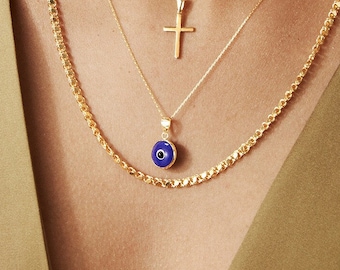 Navy Blue Gold Evil Eye Necklace - Dark Blue Evil Eye Charm - 14k Solid Gold Protection Pendant - Evil Eye Jewelry - Valentine&#39;s Day Gift