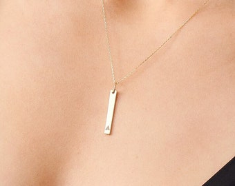 14k Real Gold Vertical Bar Name Necklace for Women | 14k Gold Personalized Pendant Necklace | Dainty 14k Gold Jewelry | Gift for Women