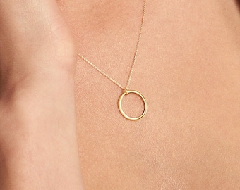 Circle Necklace 14k Solid Gold for Women - Karma Necklace - Family Necklace - Ring Pendant Frieendship Necklace - Summer Jewelry Gift