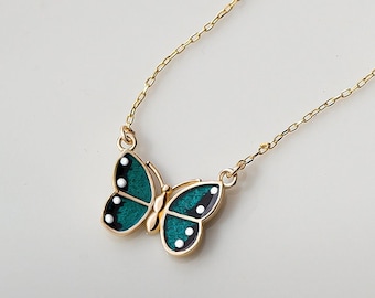 14k Solid Gold Butterfly Necklace - Dainty Blue Green Butterfly Charm - 14k Gold Colored Animal Pendant - 14k Real Gold Necklaces for Women