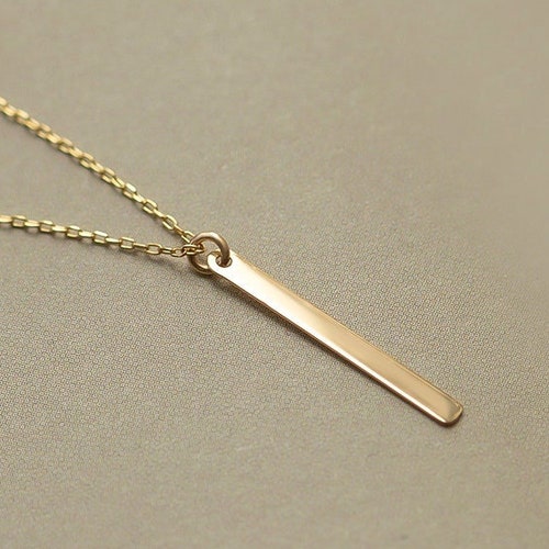 14k Solid Gold 3D Vertical Diamond Bar Necklace for Women by Etsy