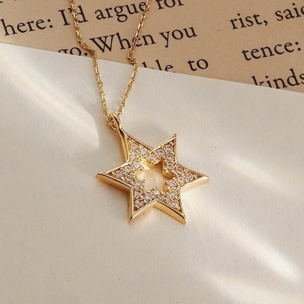 14k Solid Gold Star of David Necklace - 14k Magen David Kabbalah Religious Pendant - 14k Real Gold Jewish Star Charm Necklace for Women