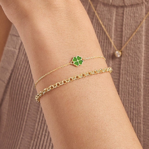 14k Solid Gold Four Leaf Clover Bracelet - Green Good Luck Charm - Colorful Lucky Flower Bracelet - 14k Real Gold Bracelets for Women