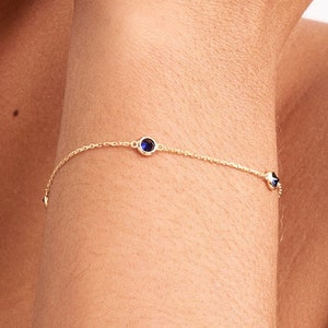 14K Solid Gold Sapphire Station Bracelet • September Birthstone Bracelet • Blue Gemstone Charm • Valentine&#39;s Day Gift for Women