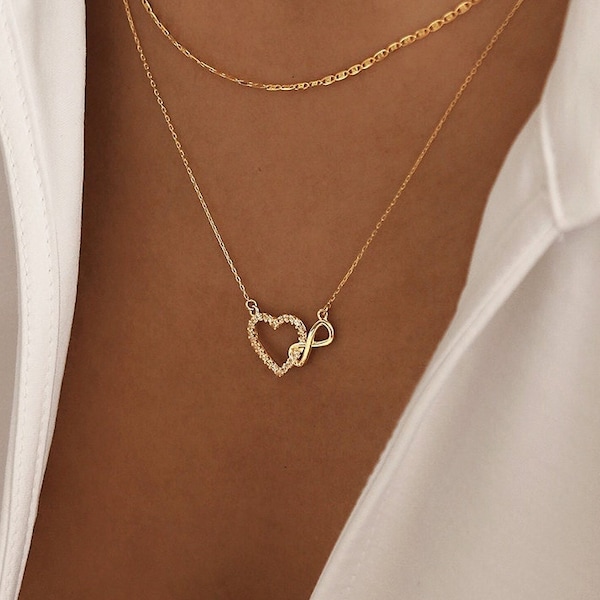 Collar de corazón entrelazado en oro real de 14 k para mujer - collar infinito - collar entrelazado de corazón infinito de oro real de 14 k -regalo para ella