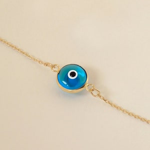 14K Solid Gold Blue Evil Eye Bracelet for Women | Dainty Turquoise Protection Bracelet | 14K Real Gold Evil Eye Jewelry | Gift for Her